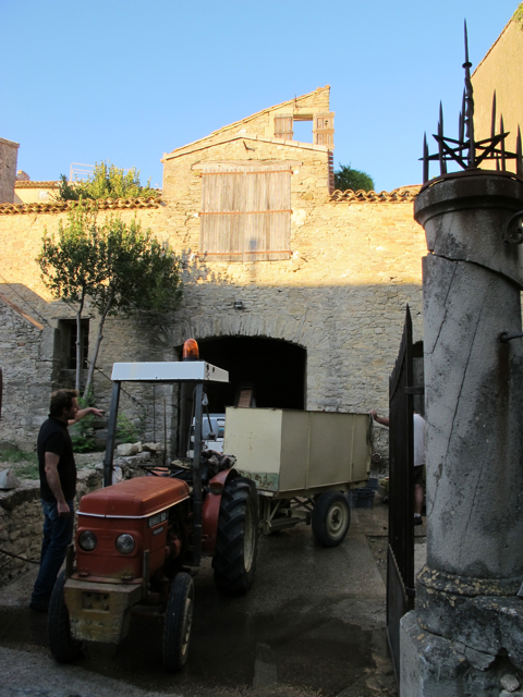 Benji and tractor at la cave (the wine cellar) on Boulevard Napoleon