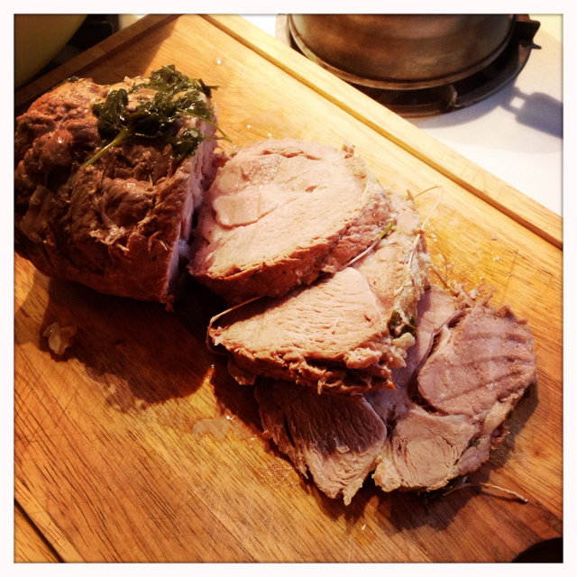 ...to serve with this tender juicy meat.  The butcher told me the pork roll was 'parsleyed' ('persille') - I thought he meant stuffed with parsley, but he laughed and corrected me - no, it is the lines of fat running through the piece , 'marbled' as we might say.  Even the Vigneron hadn't heard of this!