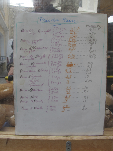 I love this - it's Pierre the baker's price list at the Olonzac market